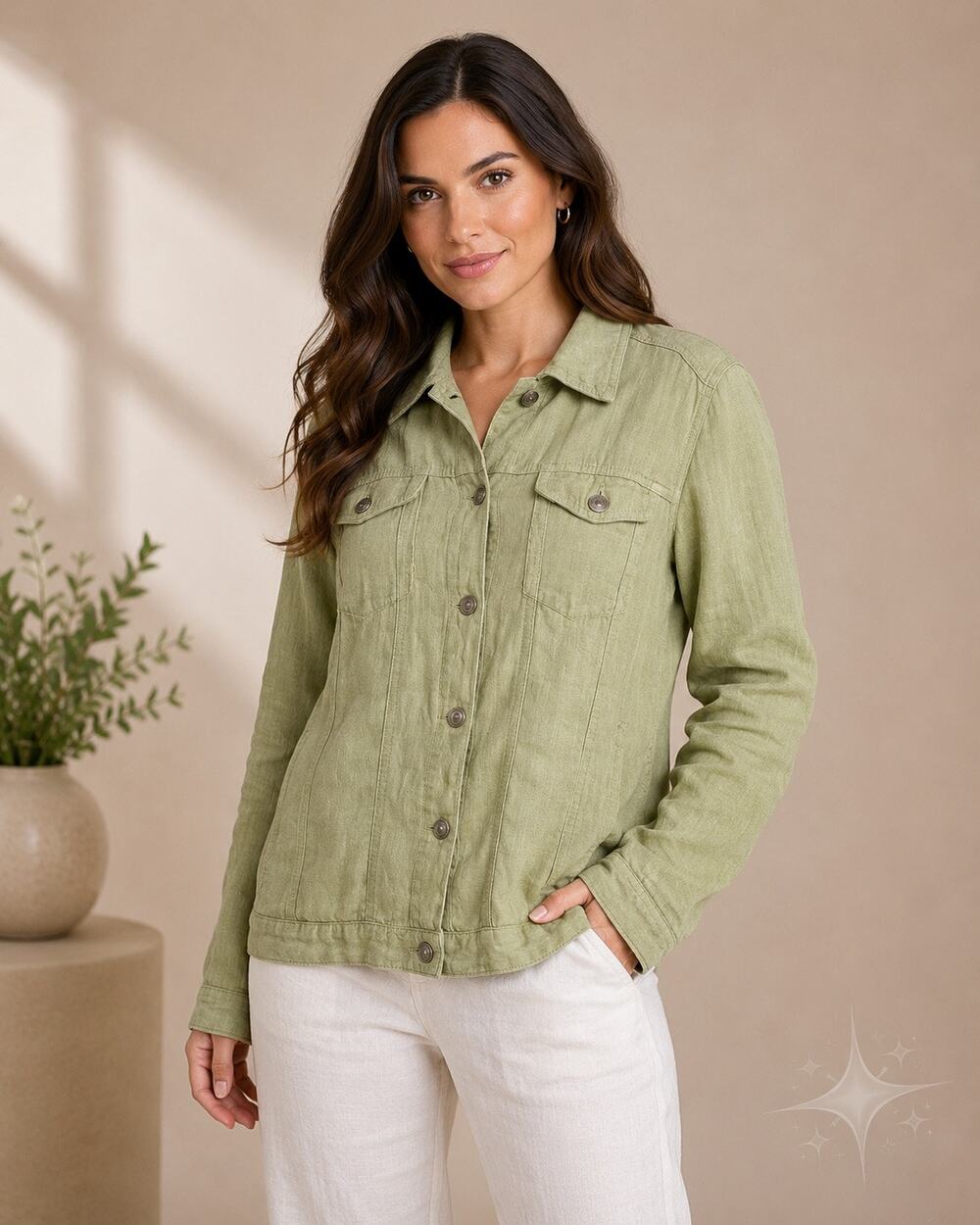 Blue Jeans Co Green Linen Jacket Medium Button Front Utility Trucker Casual Boho